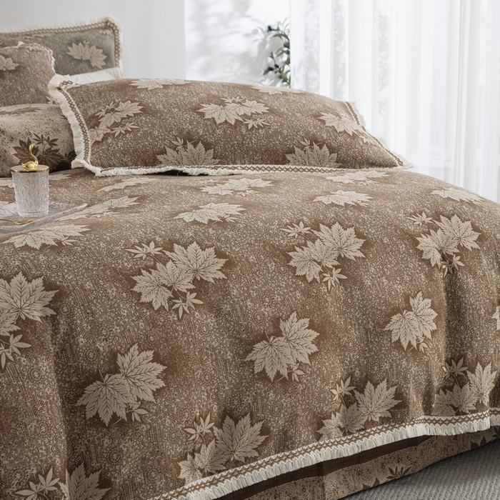 91家纺网 家纺一手货源 找家纺 鲁爱 2025新款全棉色织双层纱布流苏款四件套 秋韵-浅咖