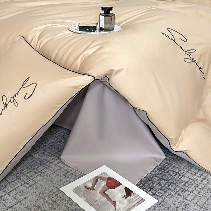 91家纺网 家纺一手货源 找家纺 一帆毯业 2024新款全棉纯色刺绣麻绳滚边四件套 奶茶+山灰