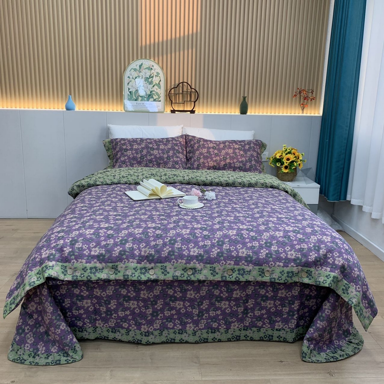 91家纺网 家纺一手货源 找家纺 鲁爱 2025新款三层纱床盖款四件套 清新之歌-紫