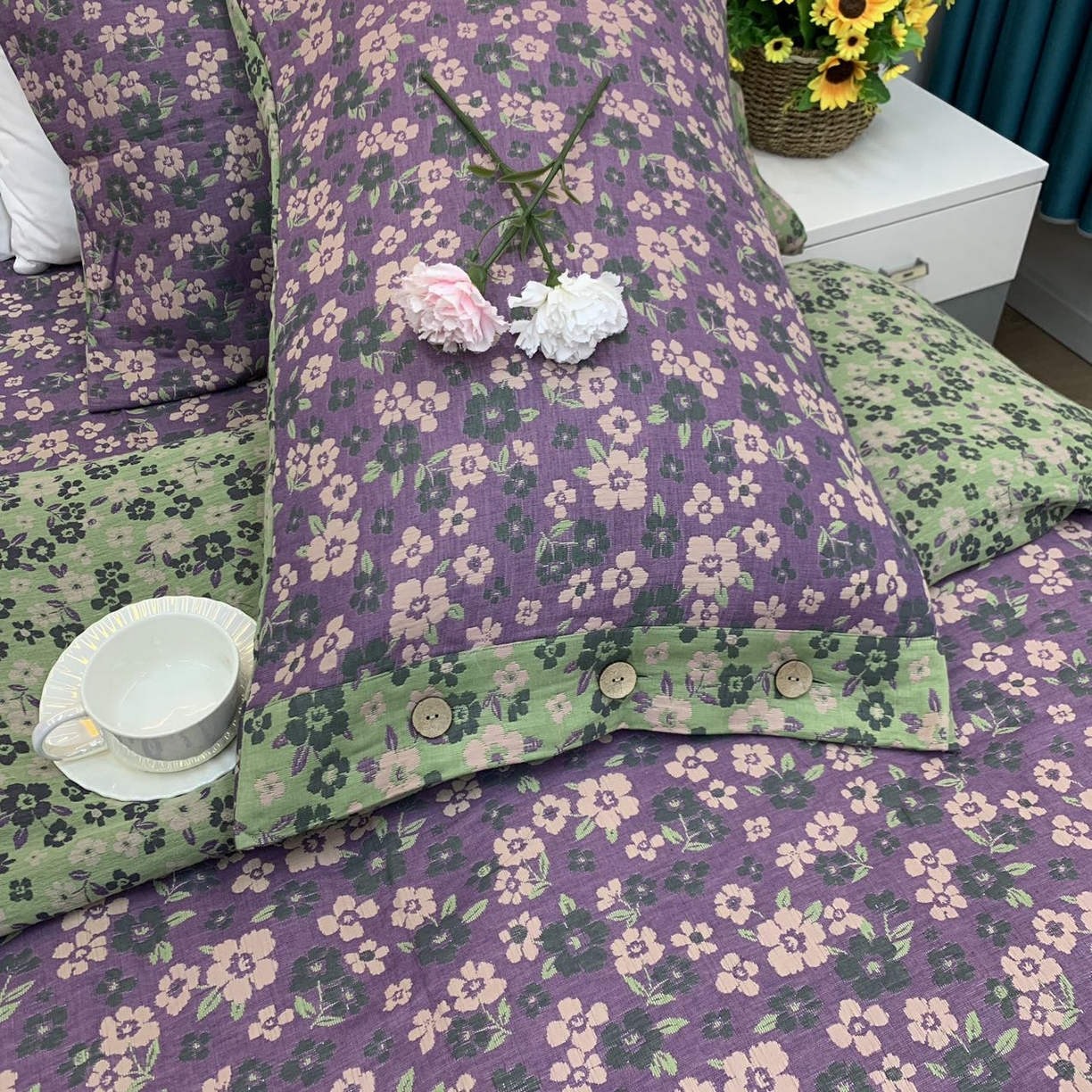 91家纺网 家纺一手货源 找家纺 鲁爱 2025新款三层纱床盖款四件套 清新之歌-紫