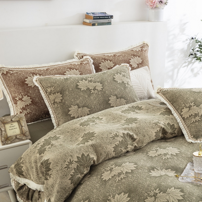 91家纺网 家纺一手货源 找家纺 鲁爱 2025新款全棉色织双层纱布流苏款四件套 秋韵-绿