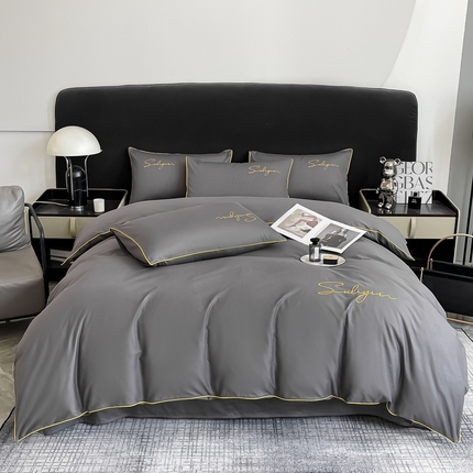 一帆毯业 2024新款全棉纯色刺绣麻绳滚边四件套 高级灰