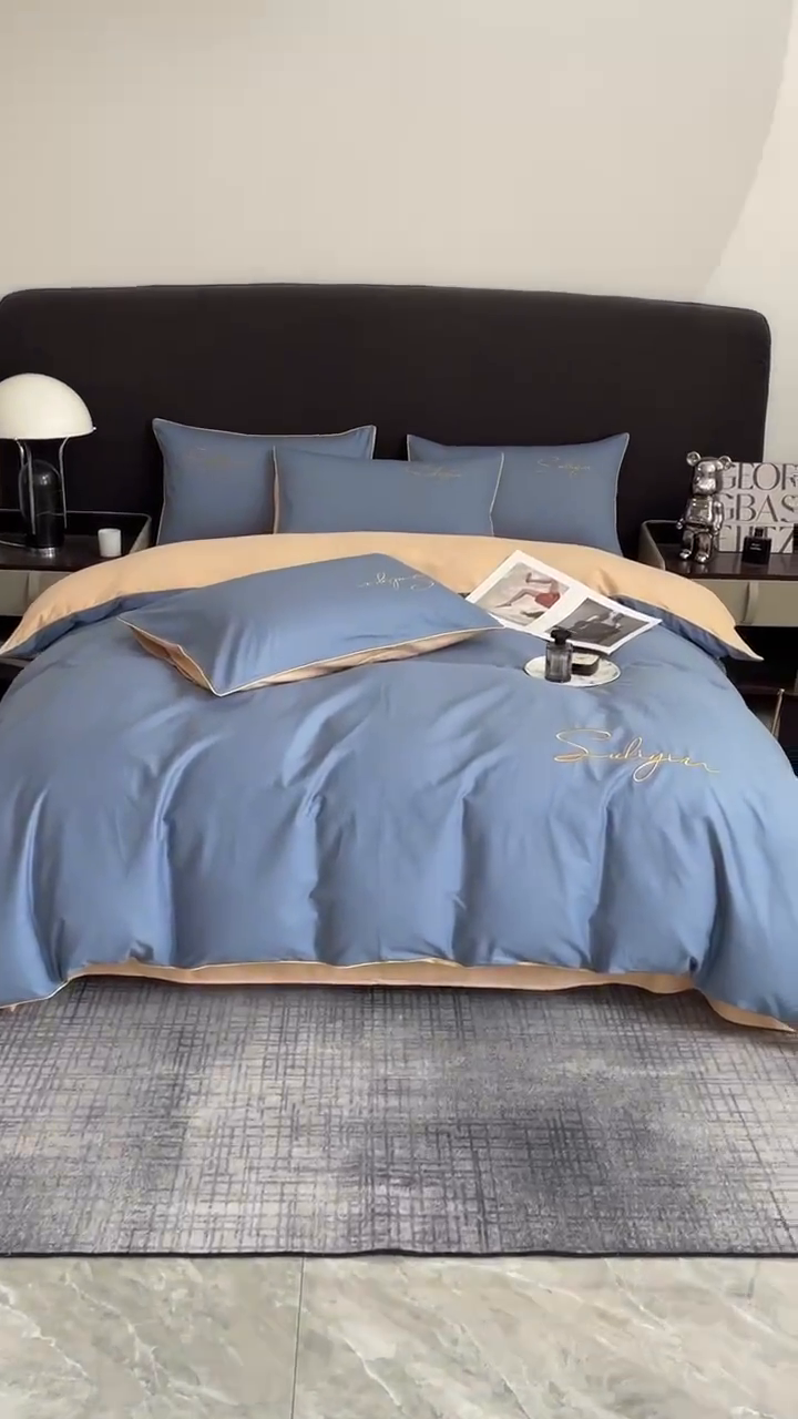 91家纺网 家纺一手货源 找家纺 一帆毯业 2024新款全棉纯色刺绣麻绳滚边四件套 宾利蓝奶茶