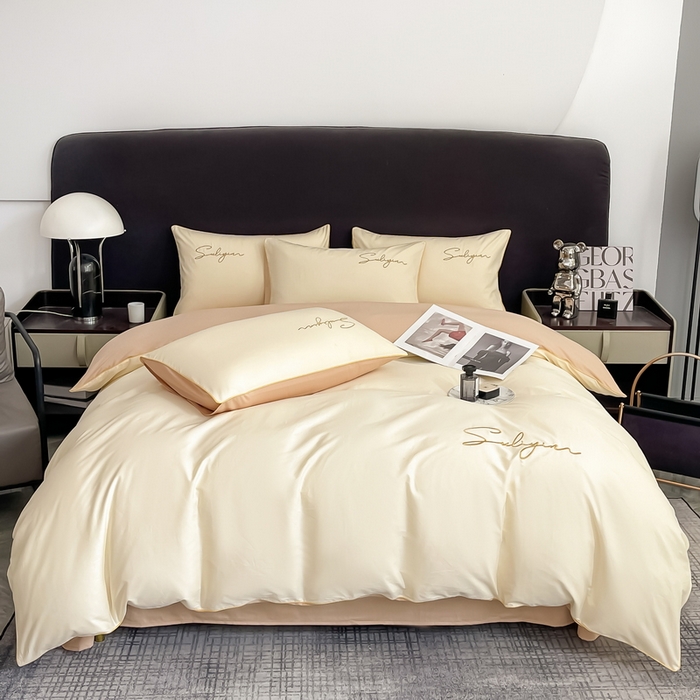 91家纺网 家纺一手货源 找家纺 一帆毯业 2024新款全棉纯色刺绣麻绳滚边四件套 奶昔白+奶茶