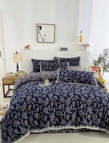 91家纺网 家纺一手货源 找家纺 鲁爱 2025新款全棉色织双层纱布流苏款四件套 扶苏-深兰