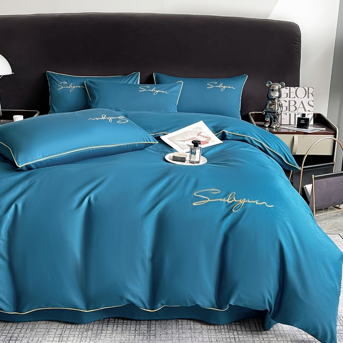 91家纺网 家纺一手货源 找家纺 一帆毯业 2024新款全棉纯色刺绣麻绳滚边四件套 月光蓝