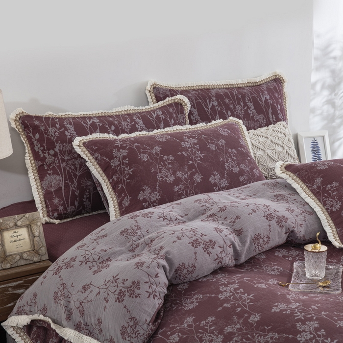 91家纺网 家纺一手货源 找家纺 鲁爱 2025新款全棉色织双层纱布流苏款四件套 惊鸿-豆沙