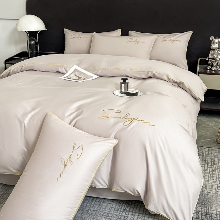 91家纺网 家纺一手货源 找家纺 一帆毯业 2024新款全棉纯色刺绣麻绳滚边四件套 山灰