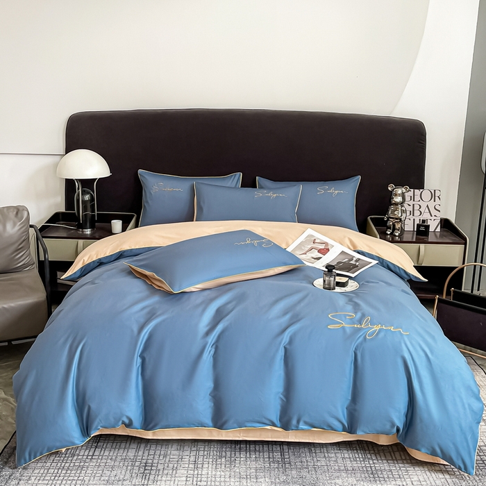 91家纺网 家纺一手货源 找家纺 一帆毯业 2024新款全棉纯色刺绣麻绳滚边四件套 宾利蓝奶茶