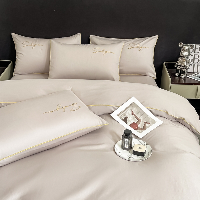 91家纺网 家纺一手货源 找家纺 一帆毯业 2024新款全棉纯色刺绣麻绳滚边四件套 山灰