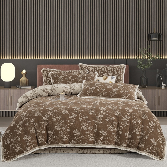 91家纺网 家纺一手货源 找家纺 鲁爱 2025新款全棉色织双层纱布流苏款四件套 惊鸿-浅咖