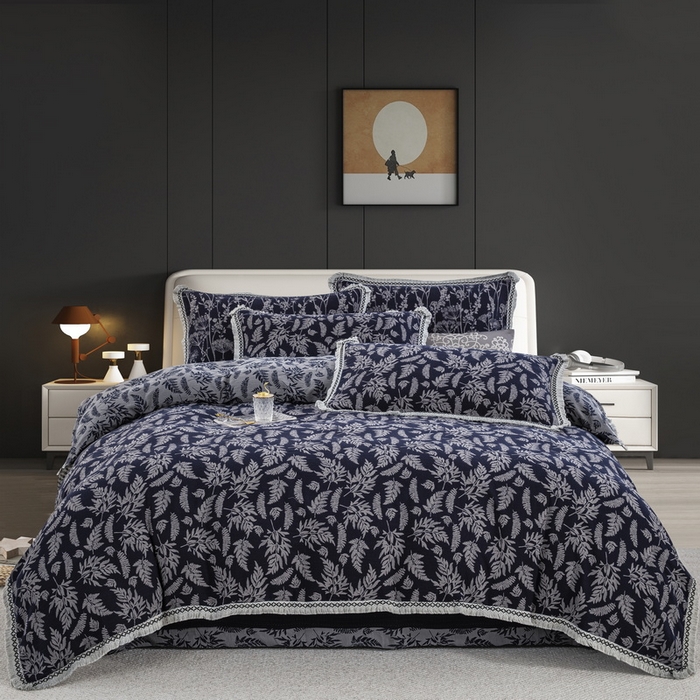 91家纺网 家纺一手货源 找家纺 鲁爱 2025新款全棉色织双层纱布流苏款四件套 扶苏-深兰