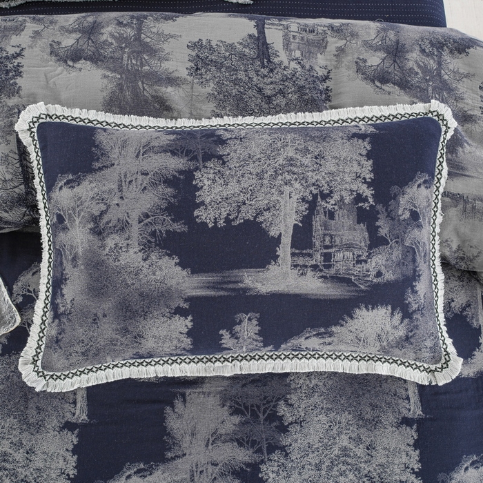 91家纺网 家纺一手货源 找家纺 鲁爱 2025新款全棉色织双层纱布流苏款四件套 漫步森林-深兰