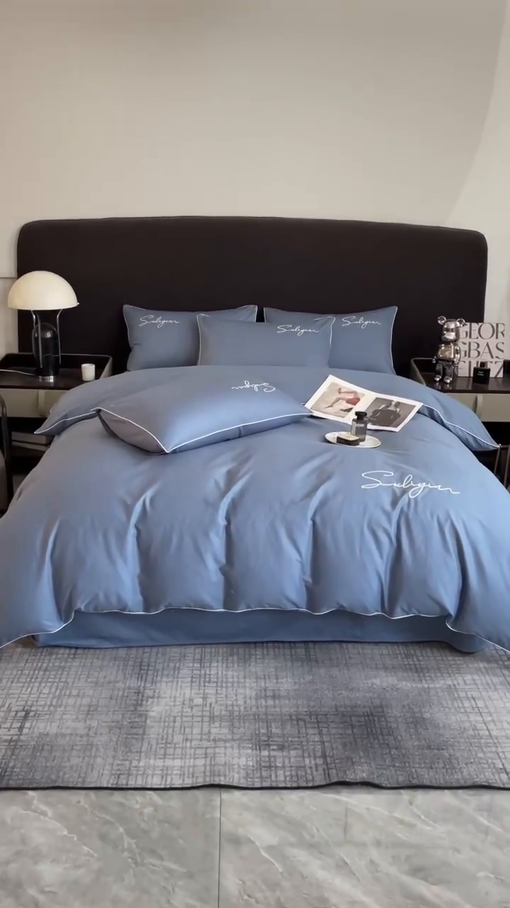 91家纺网 家纺一手货源 找家纺 一帆毯业 2024新款全棉纯色刺绣麻绳滚边四件套 宾利蓝