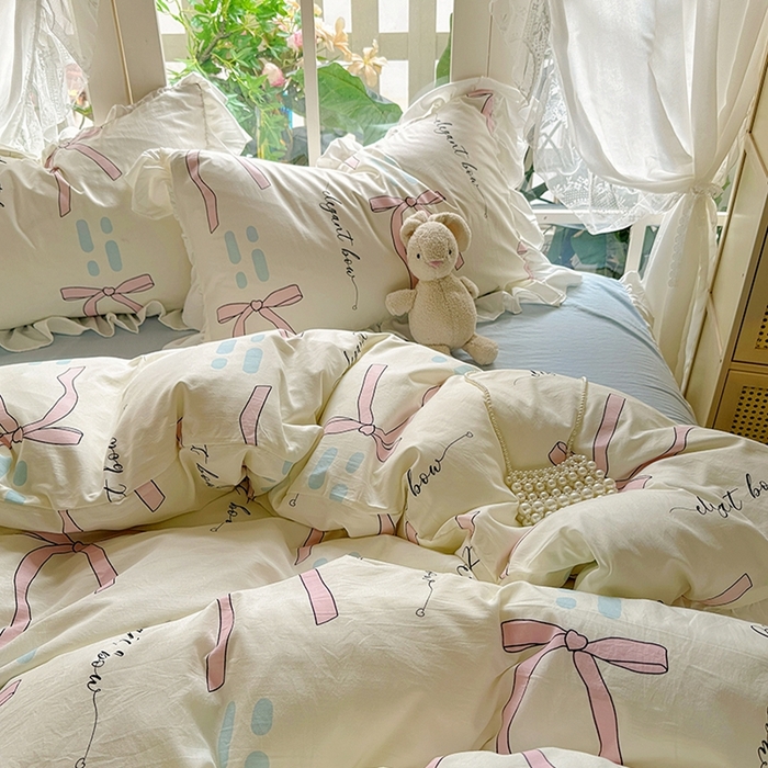 91家纺网 家纺一手货源 找家纺 阿曼达 2024新款ins博主风法式南法风浪漫系列花边款印花水洗m四件套 南法风-大蝴蝶结