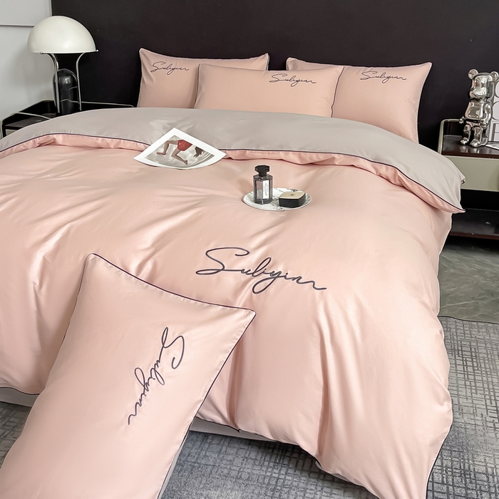 91家纺网 家纺一手货源 找家纺 一帆毯业 2024新款全棉纯色刺绣麻绳滚边四件套 玫瑰粉+浅灰