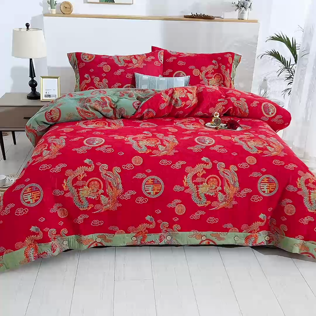 91家纺网 家纺一手货源 找家纺 鲁爱 2025新款三层纱床盖款四件套 龙凤呈祥-正红
