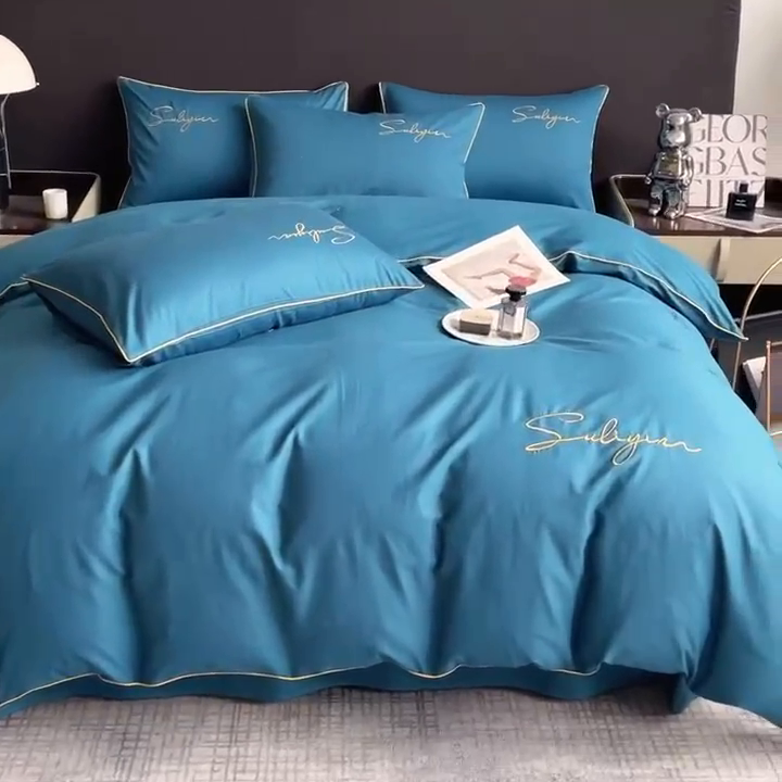 91家纺网 家纺一手货源 找家纺 一帆毯业 2024新款全棉纯色刺绣麻绳滚边四件套 月光蓝