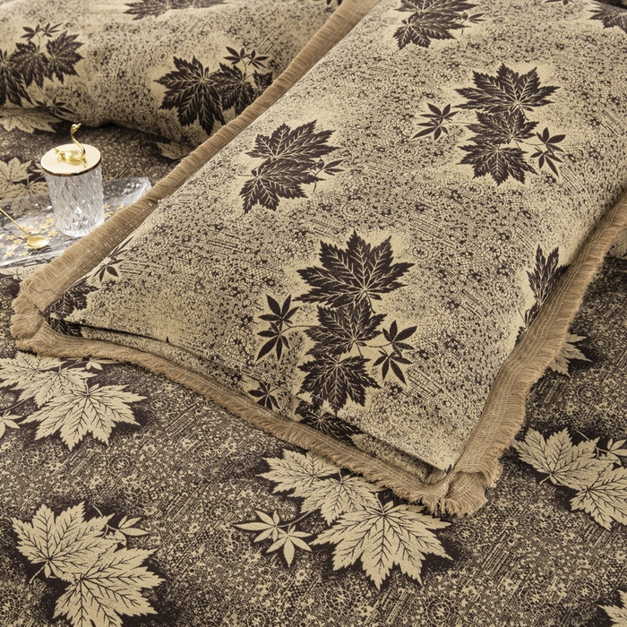 91家纺网 家纺一手货源 找家纺 鲁爱 2025新款全棉色织双层纱布流苏款四件套 秋韵-深咖