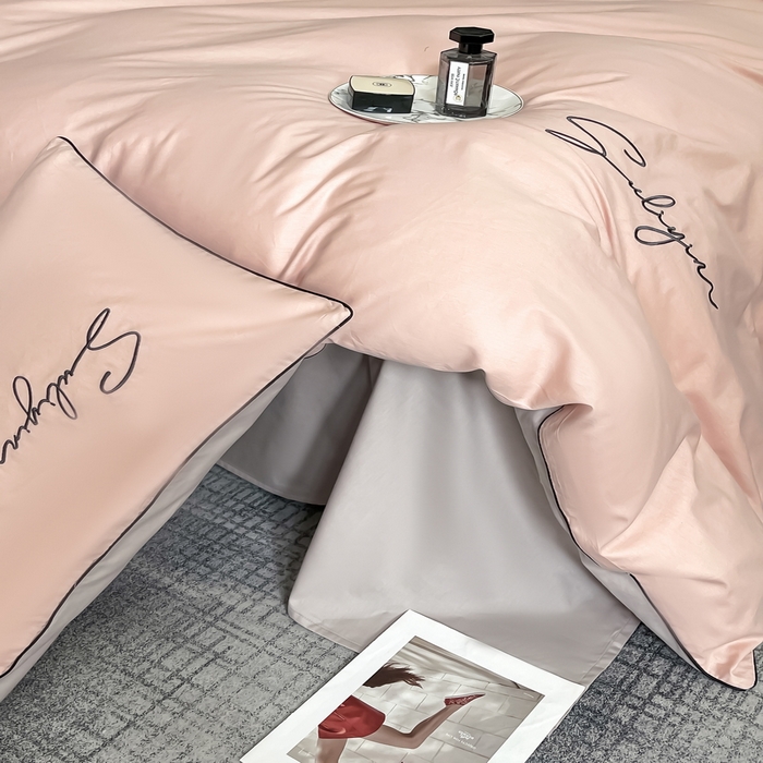 91家纺网 家纺一手货源 找家纺 一帆毯业 2024新款全棉纯色刺绣麻绳滚边四件套 玫瑰粉+浅灰