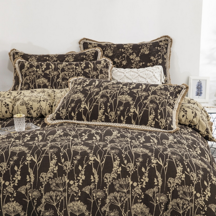 91家纺网 家纺一手货源 找家纺 鲁爱 2025新款全棉色织双层纱布流苏款四件套 云影-深咖