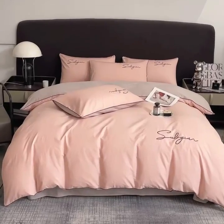 91家纺网 家纺一手货源 找家纺 一帆毯业 2024新款全棉纯色刺绣麻绳滚边四件套 玫瑰粉+浅灰