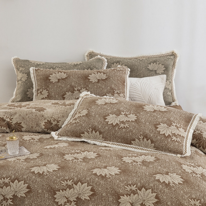 91家纺网 家纺一手货源 找家纺 鲁爱 2025新款全棉色织双层纱布流苏款四件套 秋韵-浅咖