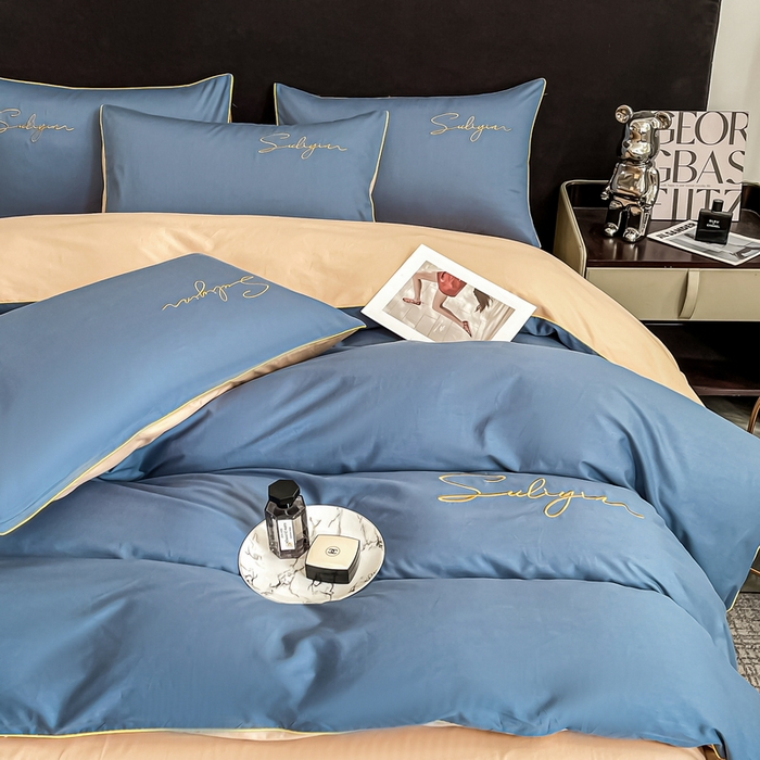 91家纺网 家纺一手货源 找家纺 一帆毯业 2024新款全棉纯色刺绣麻绳滚边四件套 宾利蓝奶茶