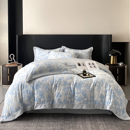 91家纺网 家纺一手货源 找家纺 优悦生活馆 2025新款牛奶绒印花四件套-维也纳 维也纳-天空蓝