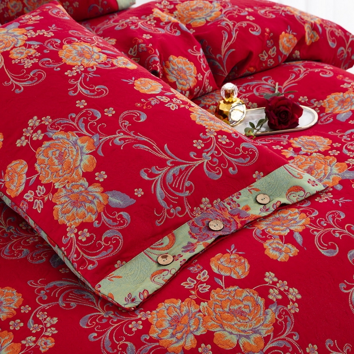 91家纺网 家纺一手货源 找家纺 鲁爱 2025新款三层纱床盖款四件套 陌上花开-红