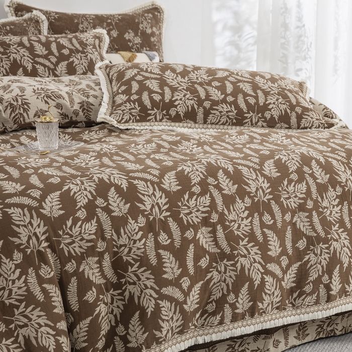 91家纺网 家纺一手货源 找家纺 鲁爱 2025新款全棉色织双层纱布流苏款四件套 扶苏-浅咖