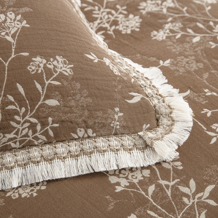 91家纺网 家纺一手货源 找家纺 鲁爱 2025新款全棉色织双层纱布流苏款四件套 惊鸿-浅咖