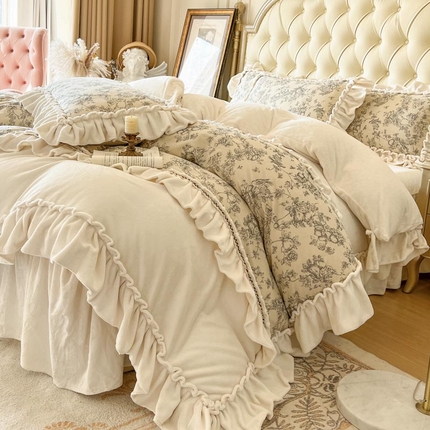 （总）亲亲公主 2025新款高克重牛奶绒花边四件套-法式情怀