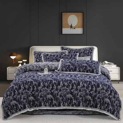 鲁爱 2025新款全棉色织双层纱布流苏款四件套 云影-深兰