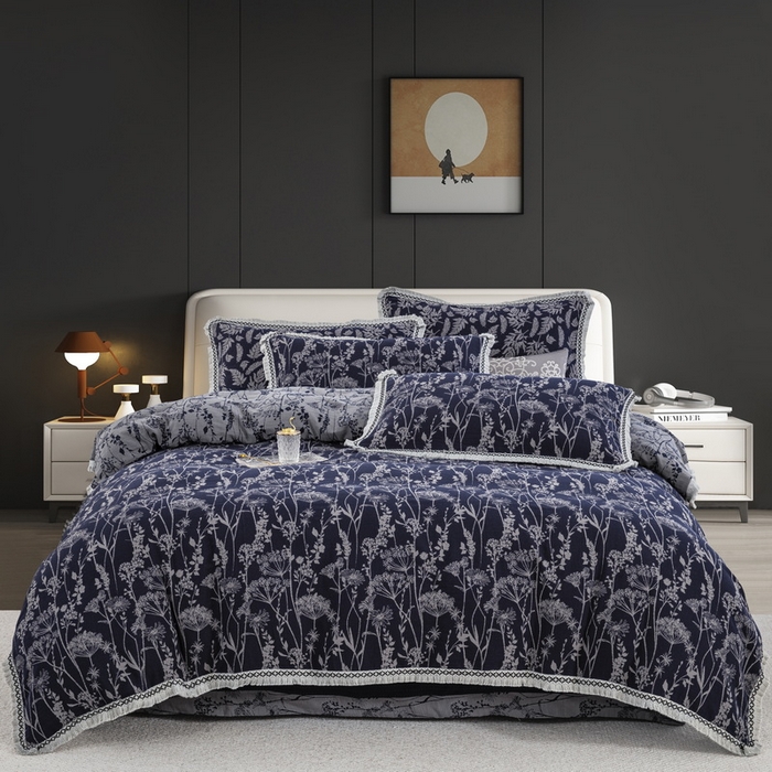 91家纺网 家纺一手货源 找家纺 鲁爱 2025新款全棉色织双层纱布流苏款四件套 云影-深兰