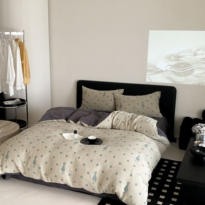 91家纺网 家纺一手货源 找家纺 赫帛 2024新款A类全棉色织三层纱水洗棉四件套-波点猫 波点猫-绿色