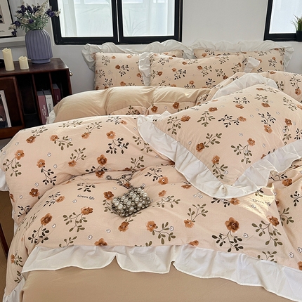 91家纺网 家纺一手货源 找家纺 希丞家居 2024新款小清新水洗棉花边四件套 枫糖