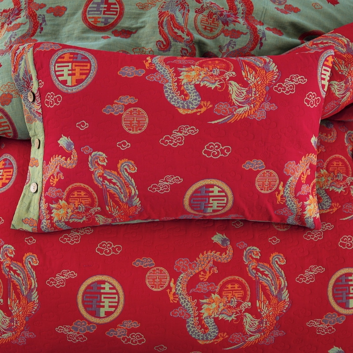 91家纺网 家纺一手货源 找家纺 鲁爱 2025新款三层纱床盖款四件套 龙凤呈祥-正红