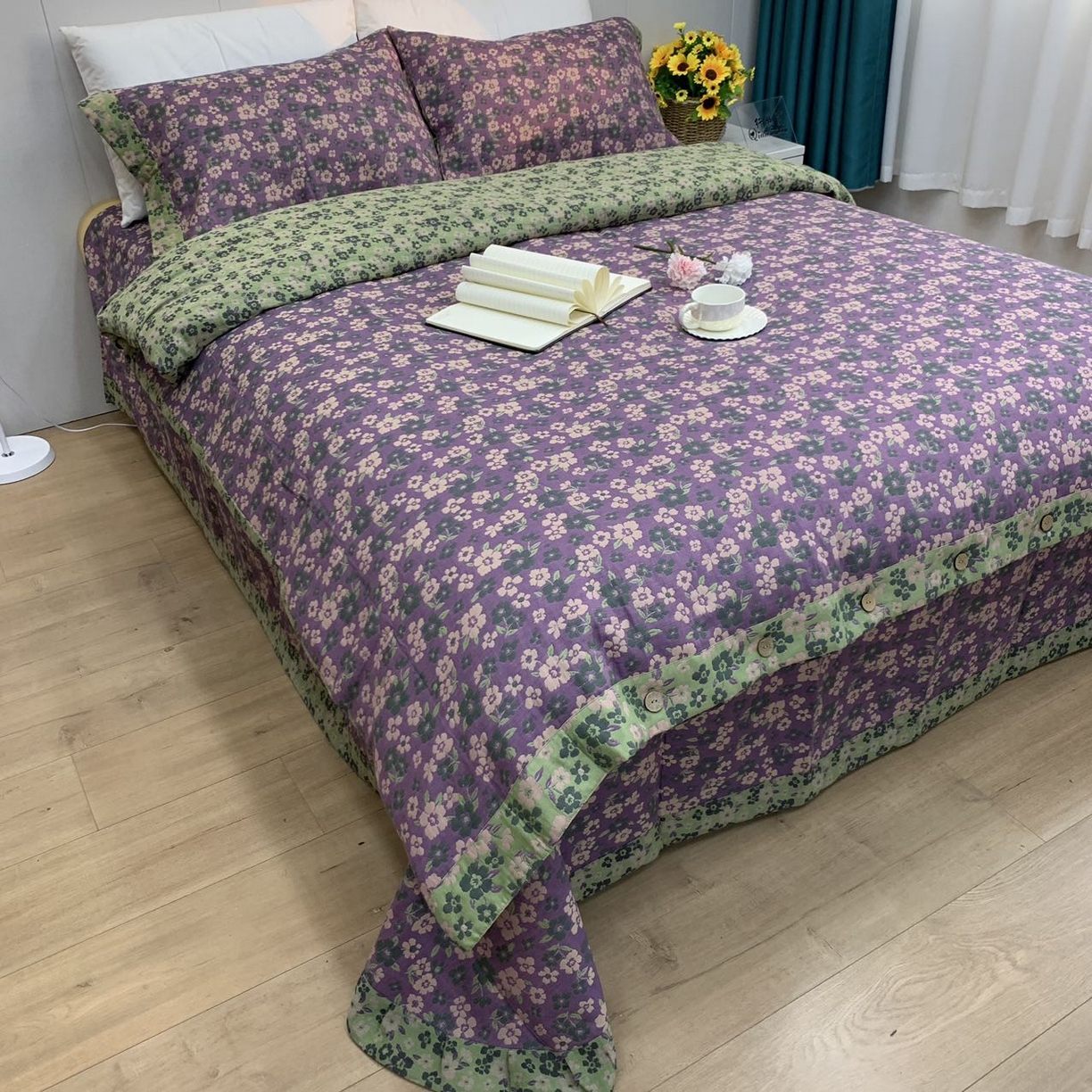 91家纺网 家纺一手货源 找家纺 鲁爱 2025新款三层纱床盖款四件套 清新之歌-紫