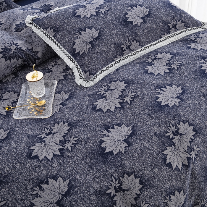 91家纺网 家纺一手货源 找家纺 鲁爱 2025新款全棉色织双层纱布流苏款四件套 秋韵-深兰