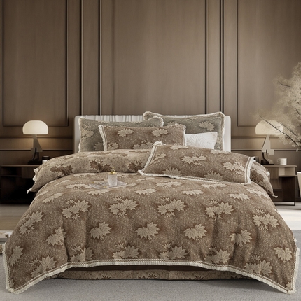 鲁爱 2025新款全棉色织双层纱布流苏款四件套 秋韵-浅咖