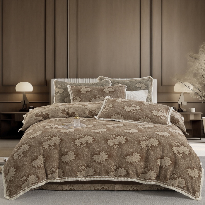 91家纺网 家纺一手货源 找家纺 鲁爱 2025新款全棉色织双层纱布流苏款四件套 秋韵-浅咖