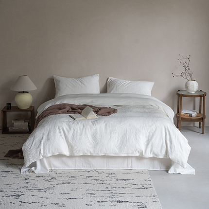 （总）小春日和 2024新款简约树纹高端色织全棉提花四件套纯色高档民宿纯棉被套白色床单1.8床笠双人加大床单