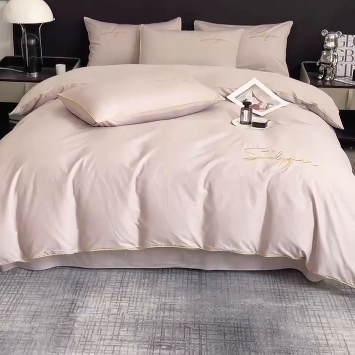 91家纺网 家纺一手货源 找家纺 一帆毯业 2024新款全棉纯色刺绣麻绳滚边四件套 山灰