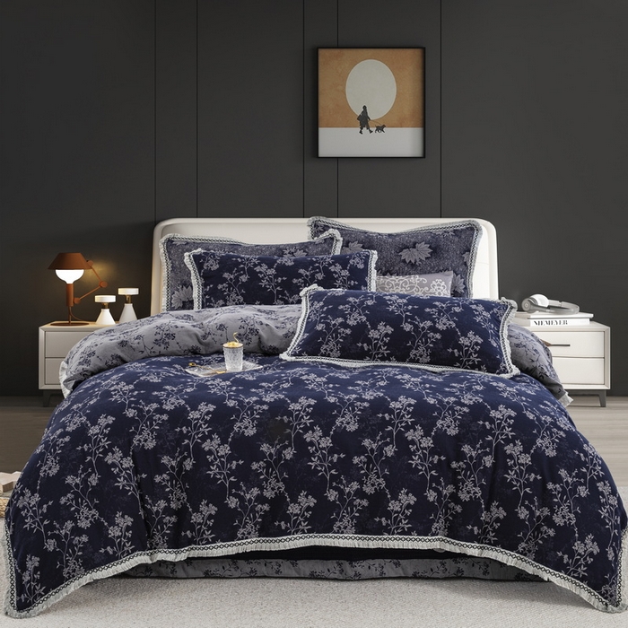 91家纺网 家纺一手货源 找家纺 鲁爱 2025新款全棉色织双层纱布流苏款四件套 惊鸿-深兰