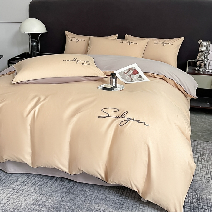 91家纺网 家纺一手货源 找家纺 一帆毯业 2024新款全棉纯色刺绣麻绳滚边四件套 奶茶+山灰