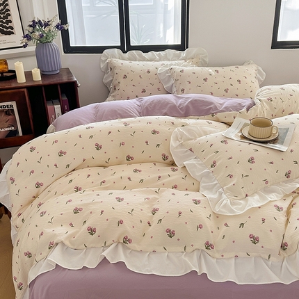 91家纺网 家纺一手货源 找家纺 希丞家居 2024新款小清新水洗棉花边四件套 贝拉