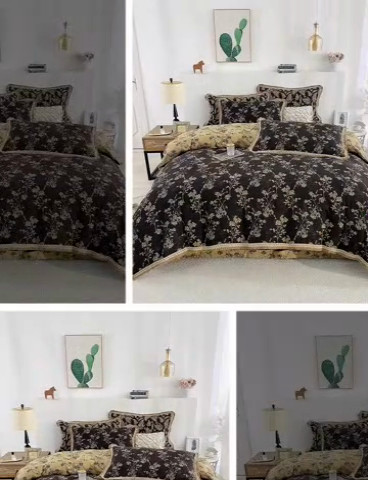 91家纺网 家纺一手货源 找家纺 鲁爱 2025新款全棉色织双层纱布流苏款四件套 惊鸿-深咖