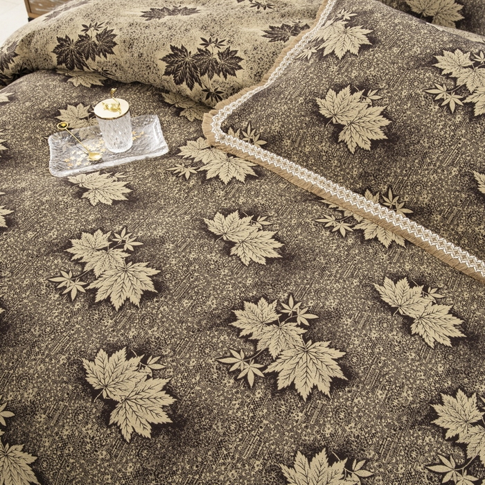 91家纺网 家纺一手货源 找家纺 鲁爱 2025新款全棉色织双层纱布流苏款四件套 秋韵-深咖