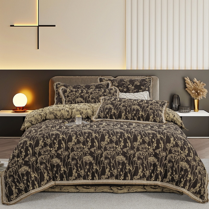 91家纺网 家纺一手货源 找家纺 鲁爱 2025新款全棉色织双层纱布流苏款四件套 云影-深咖